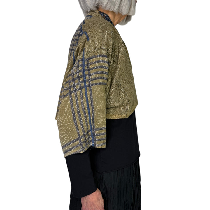 VINTAGE PRINT/INDIGO PUFF SLEEVE SHRUG