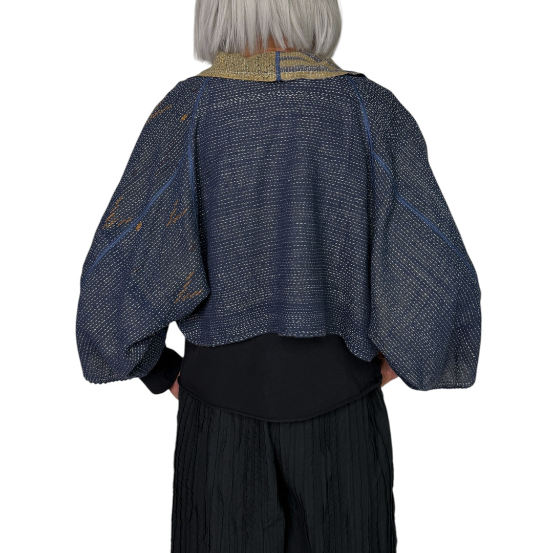 VINTAGE PRINT/INDIGO PUFF SLEEVE SHRUG