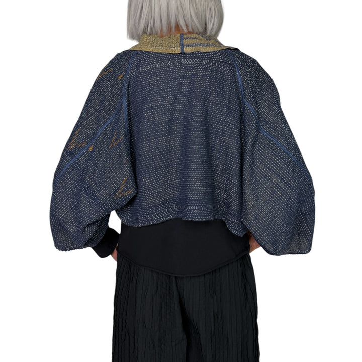 VINTAGE PRINT/INDIGO PUFF SLEEVE SHRUG