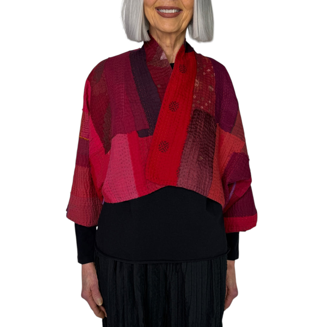 STRIPE & CHECK PUFF SLEEVE SHRUG 