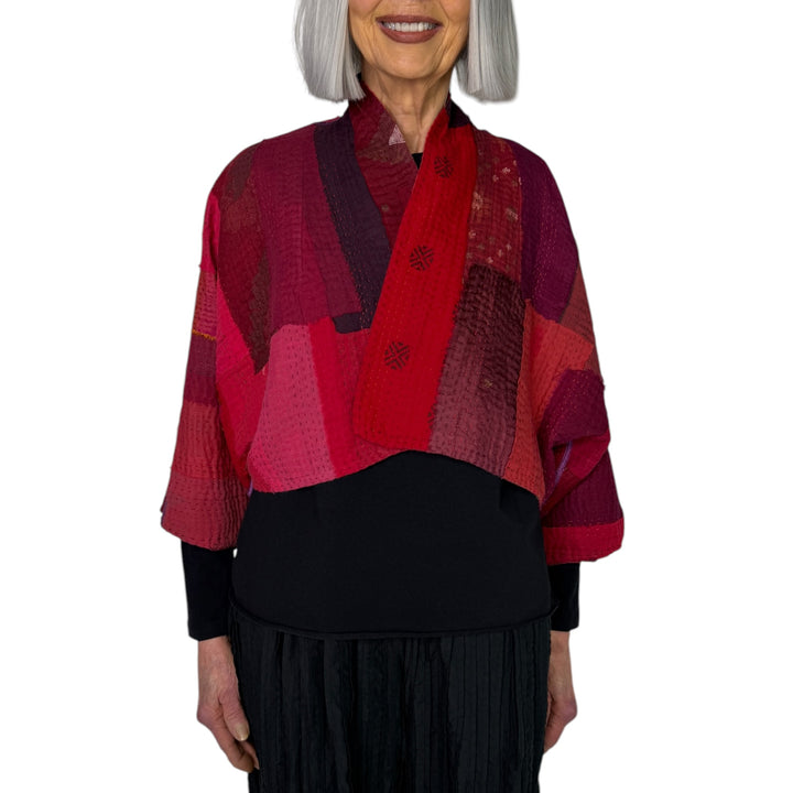 STRIPE & CHECK PUFF SLEEVE SHRUG 