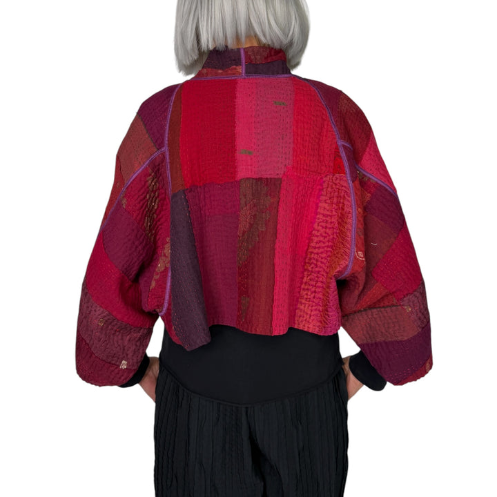 STRIPE & CHECK PUFF SLEEVE SHRUG