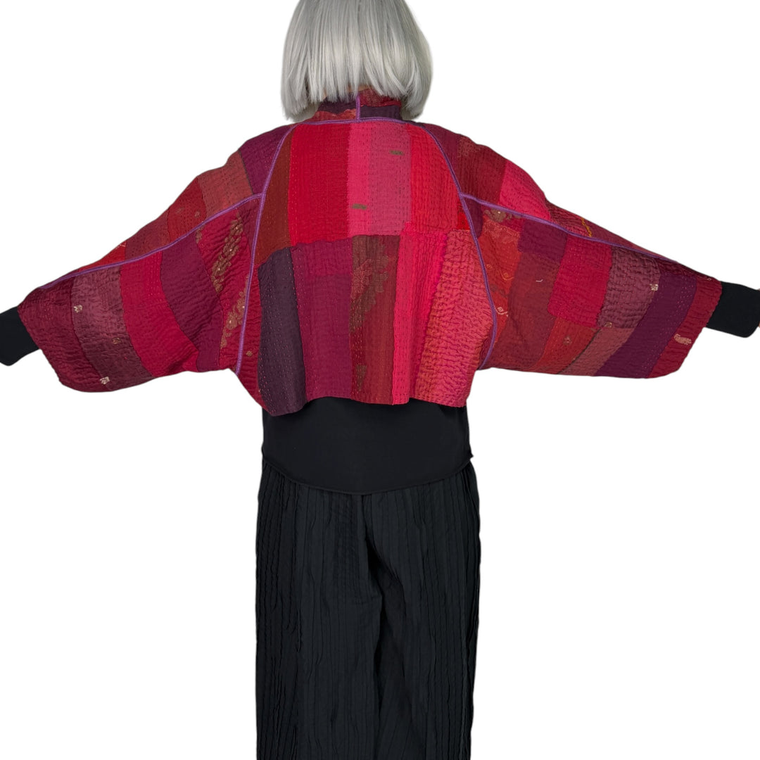 STRIPE & CHECK PUFF SLEEVE SHRUG