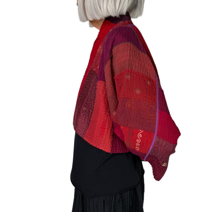STRIPE & CHECK PUFF SLEEVE SHRUG