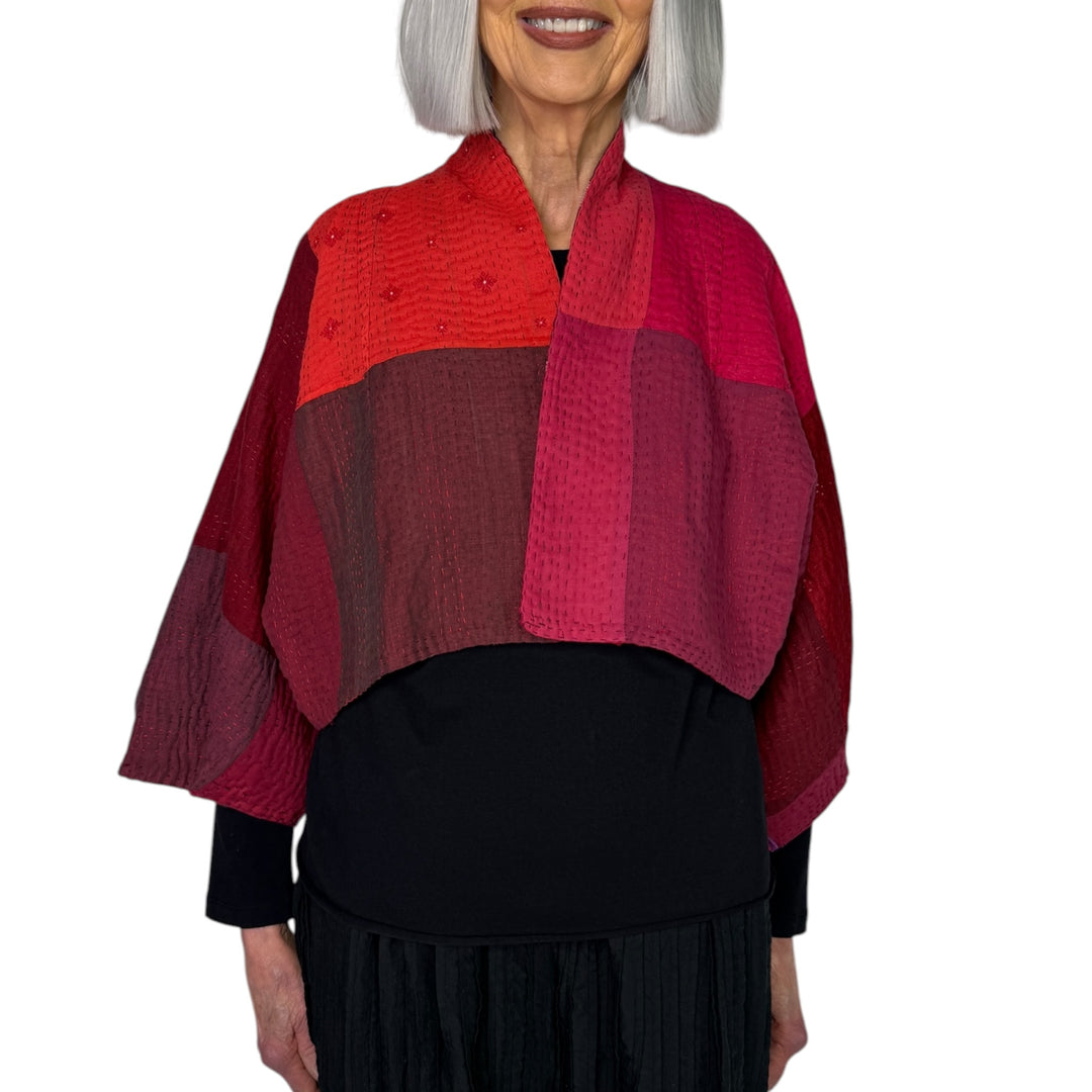 STRIPE & CHECK PUFF SLEEVE SHRUG