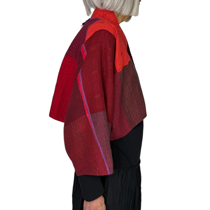 STRIPE & CHECK PUFF SLEEVE SHRUG