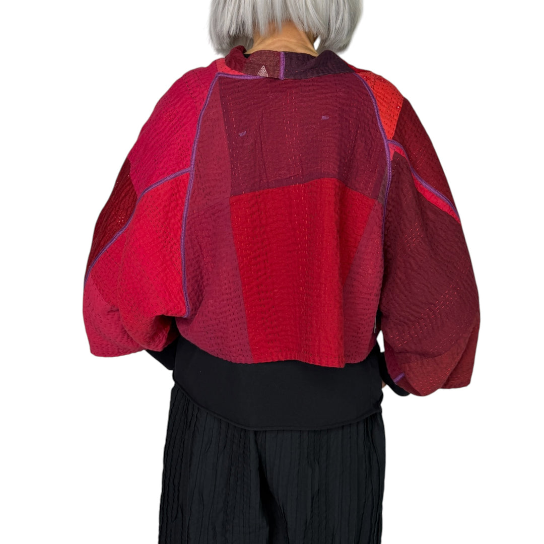 STRIPE & CHECK PUFF SLEEVE SHRUG