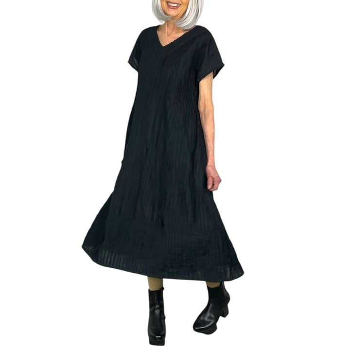 RIPPLE TUCK V-NECK MIDI DRESS