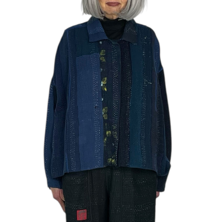 STRIPE PATCH KANTHA CROP SHIRT JACKET