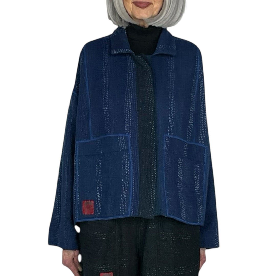 STRIPE PATCH KANTHA CROP SHIRT JACKET