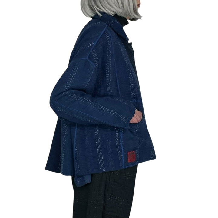 STRIPE PATCH KANTHA CROP SHIRT JACKET