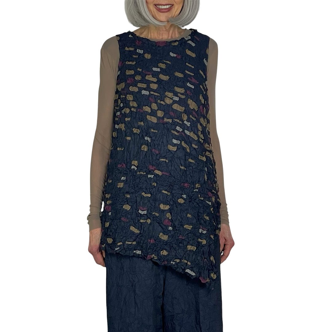 PATCH EMBROIDERED CRUSH PLEAT LONG TOP