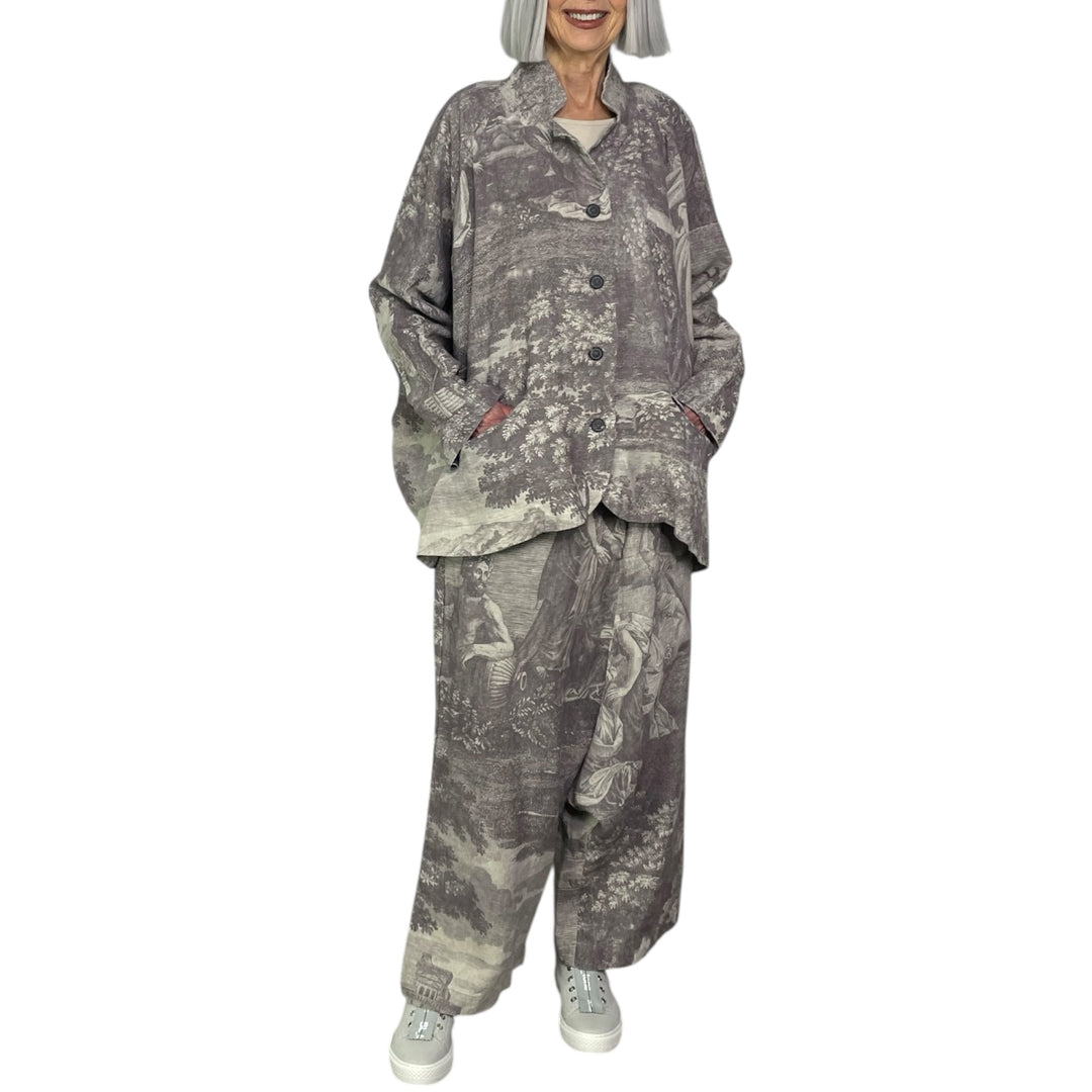 SCENIC PRINT LINEN WIDE LEG TROUSER