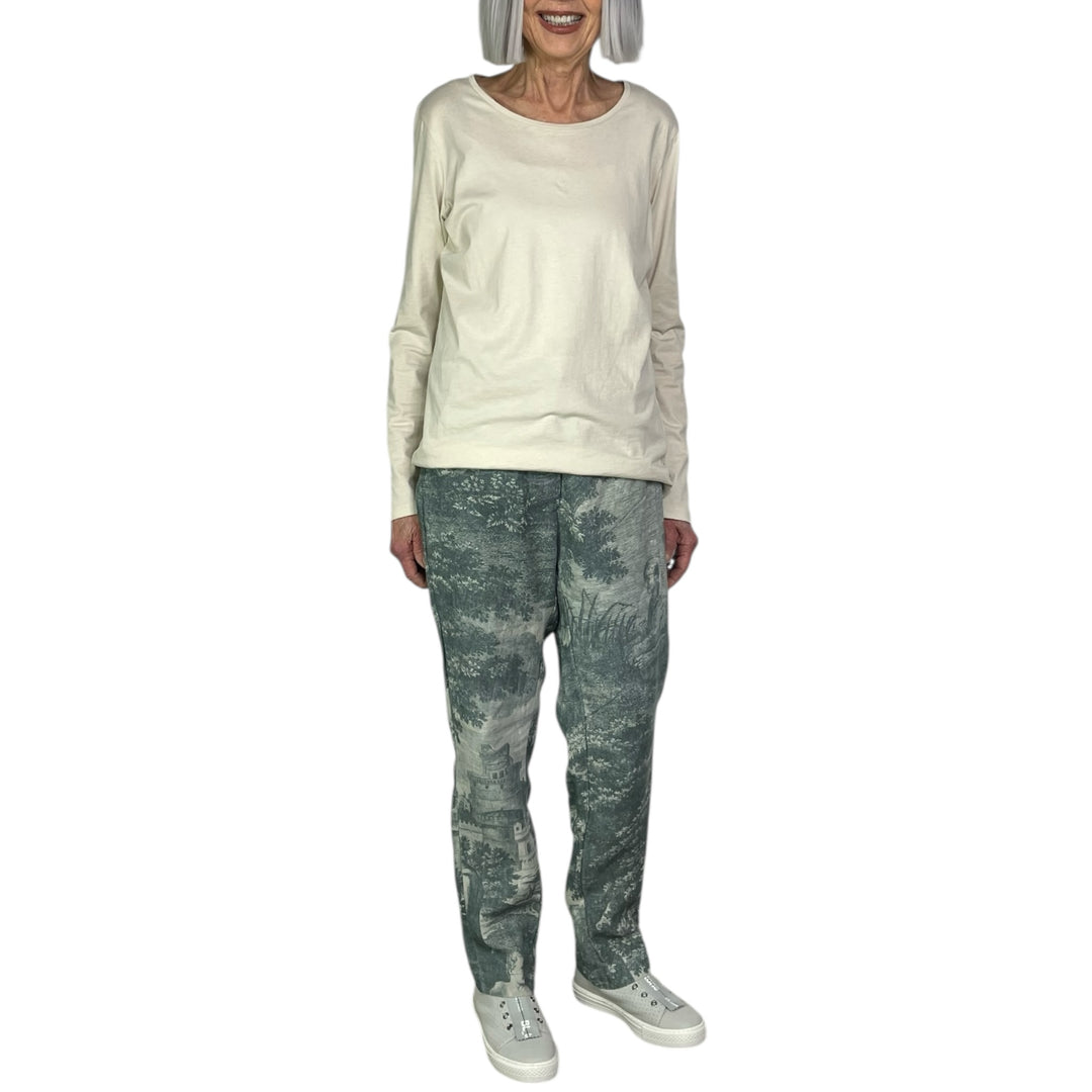 SCENIC PRINT LINEN SLIM TROUSER