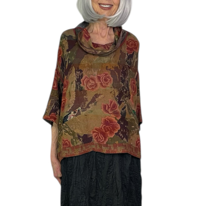 GEORGETTE JACQUARD COWL NECK PONCHO TOP