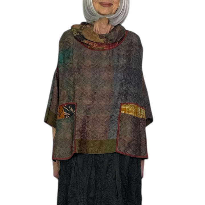 GEORGETTE JACQUARD COWL NECK PONCHO TOP