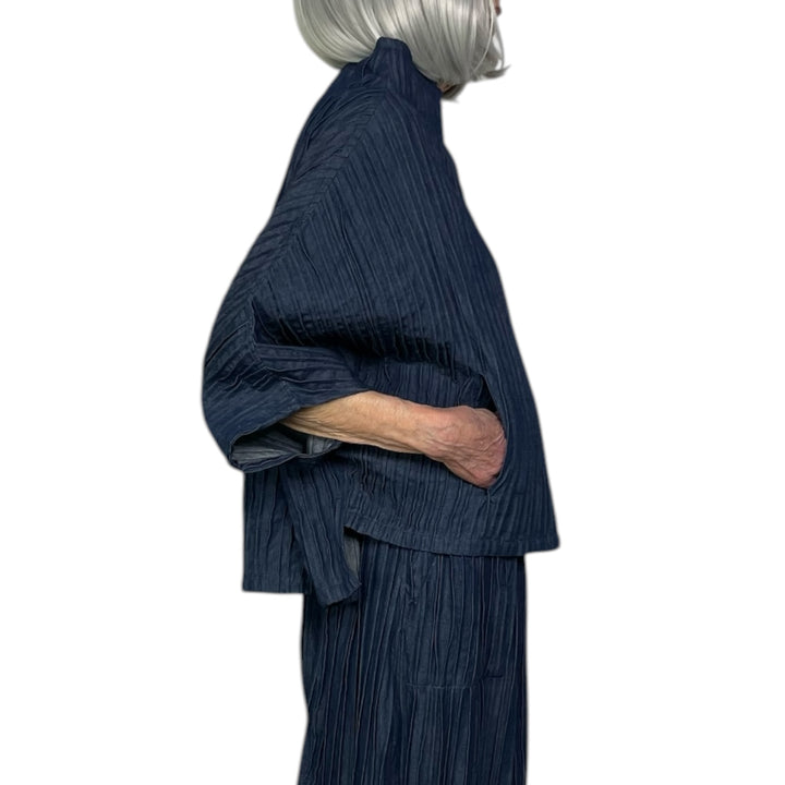 RIPPLE TUCK DENIM FUNNEL NECK TOP