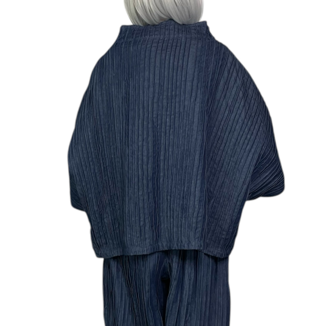 RIPPLE TUCK DENIM FUNNEL NECK TOP