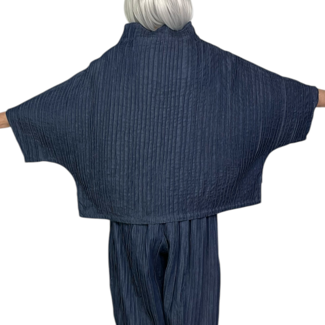 RIPPLE TUCK DENIM FUNNEL NECK TOP