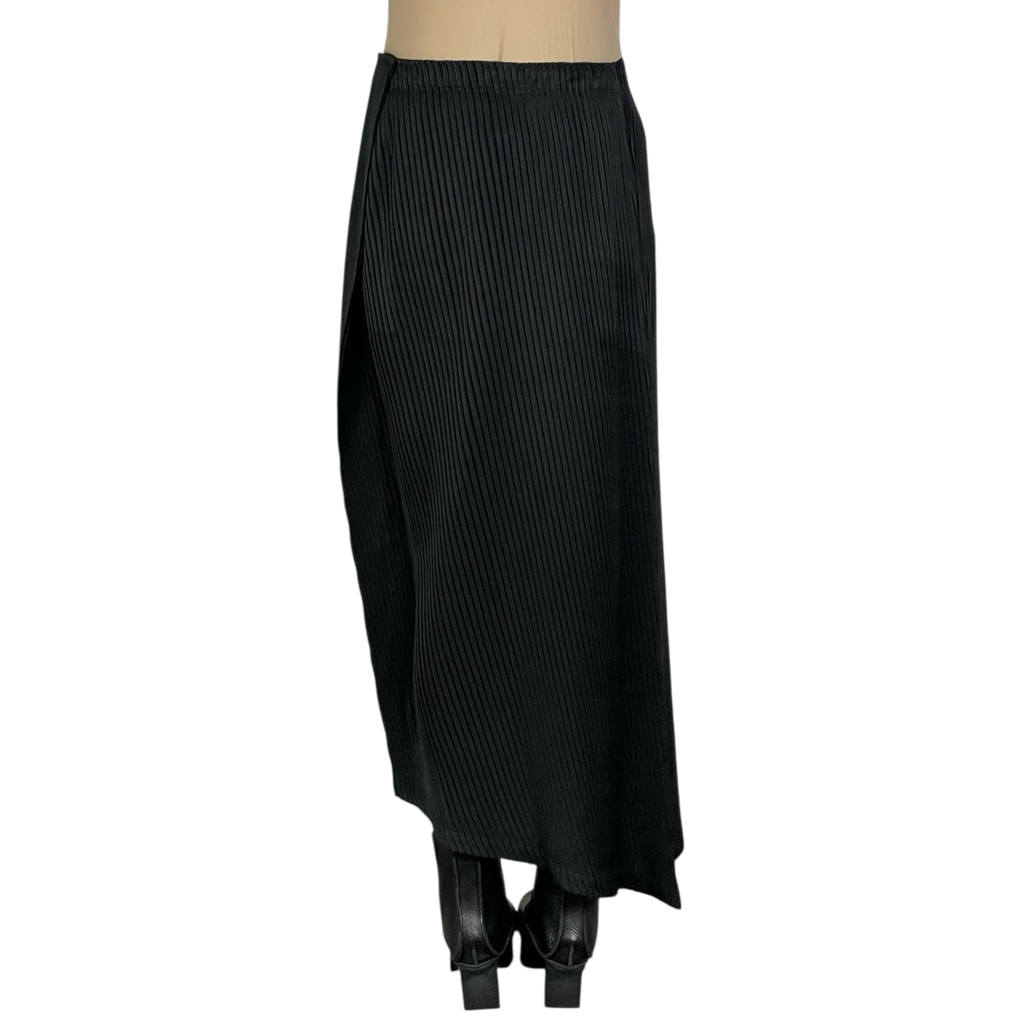 Issey Miyake 黒と青のストライプ ワイドパンツ イッセイミヤケISSEY MIYAKE ポリベルトデザインストレッチ