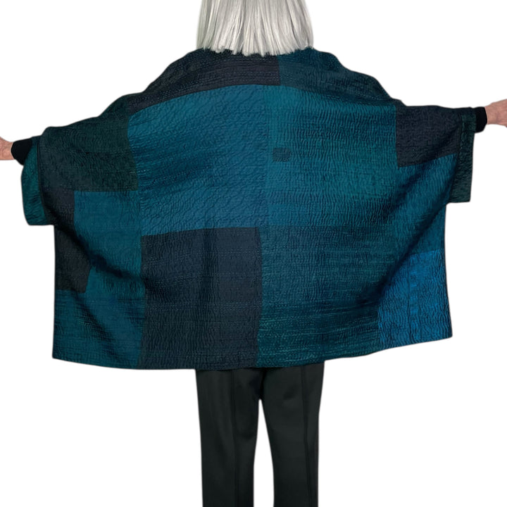 EMERALD GREEN KANTHA DOUBLE COLLAR PONCHO