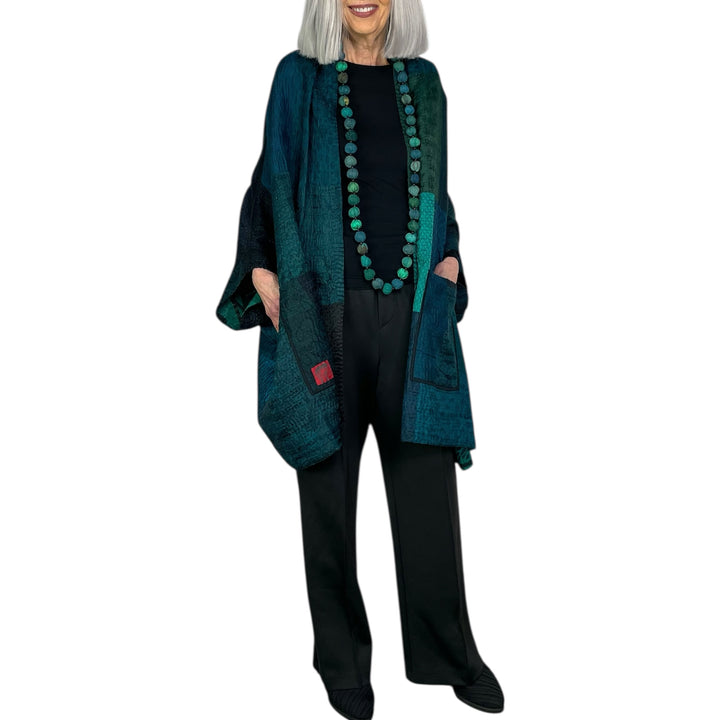 EMERALD GREEN KANTHA DOUBLE COLLAR PONCHO