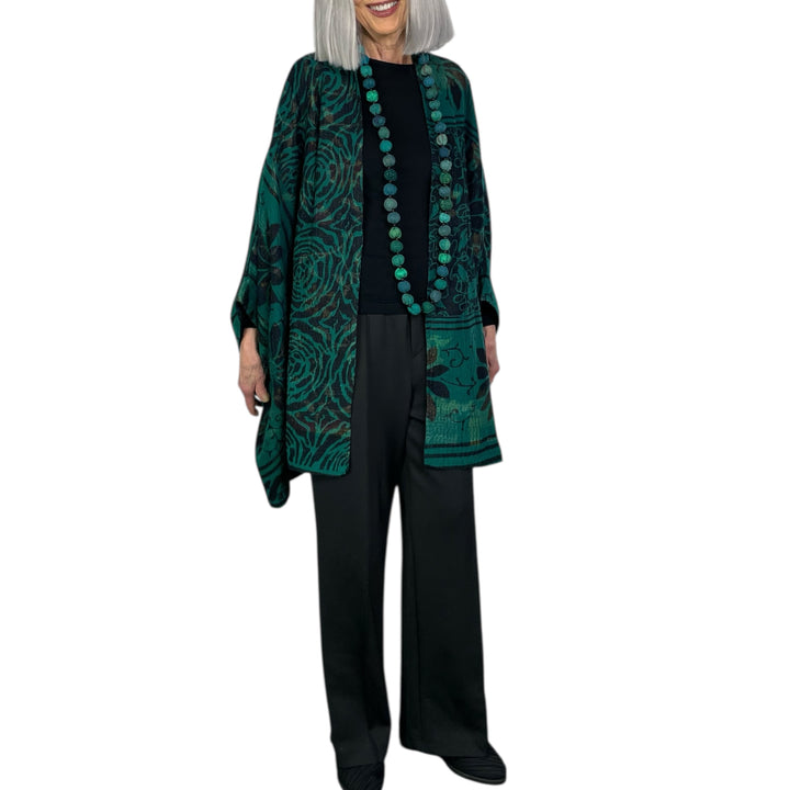 EMERALD GREEN KANTHA DOUBLE COLLAR PONCHO