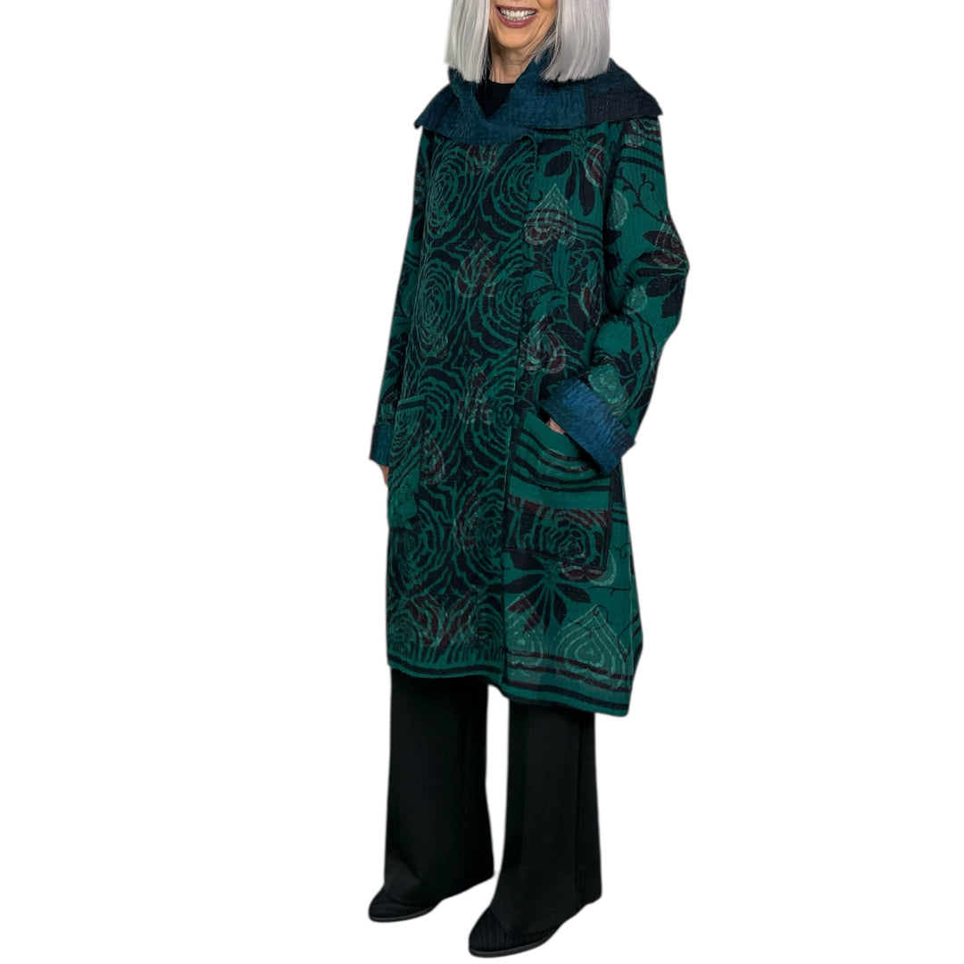 EMERALD GREEN KANTHA POCKET MEDIUM COAT