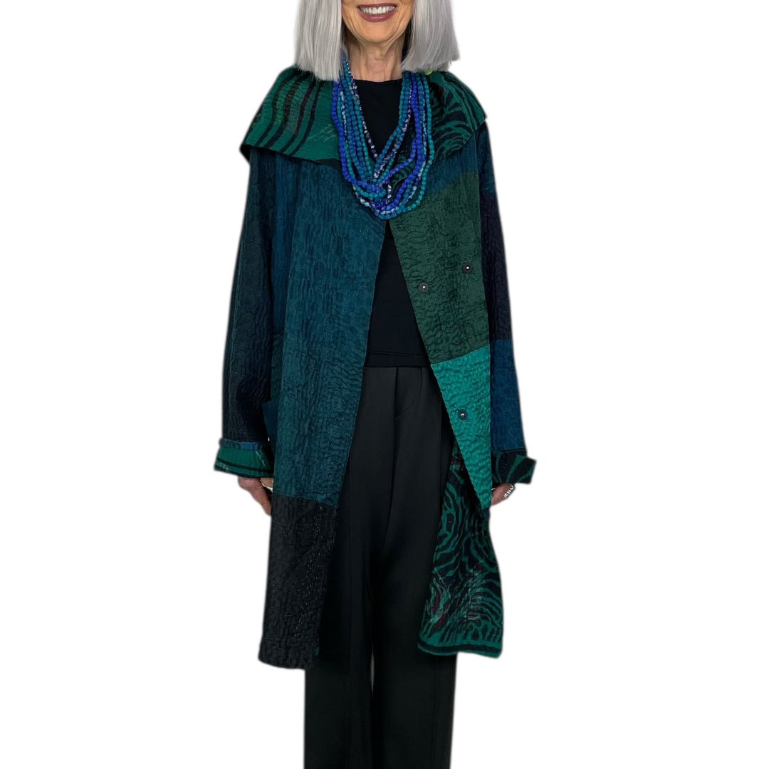 EMERALD GREEN KANTHA POCKET MEDIUM COAT