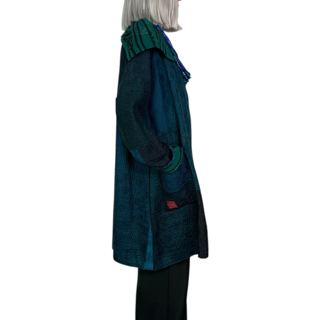 EMERALD GREEN KANTHA POCKET MEDIUM COAT