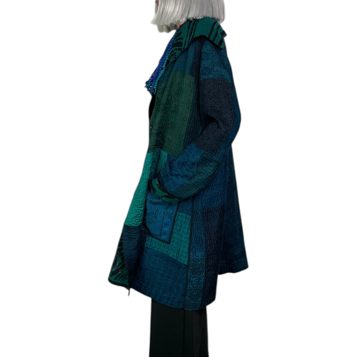 EMERALD GREEN KANTHA POCKET MEDIUM COAT