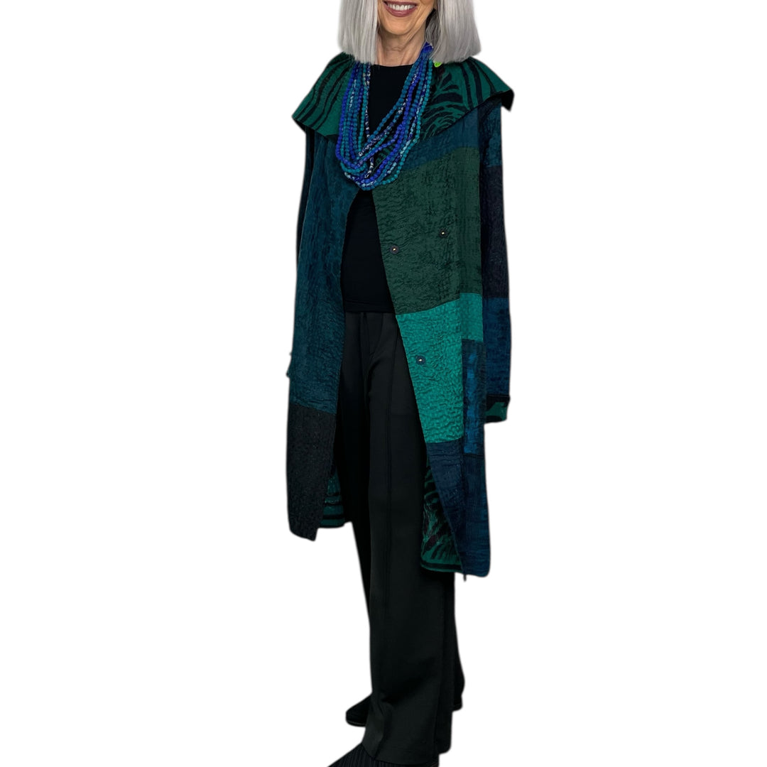 EMERALD GREEN KANTHA POCKET MEDIUM COAT