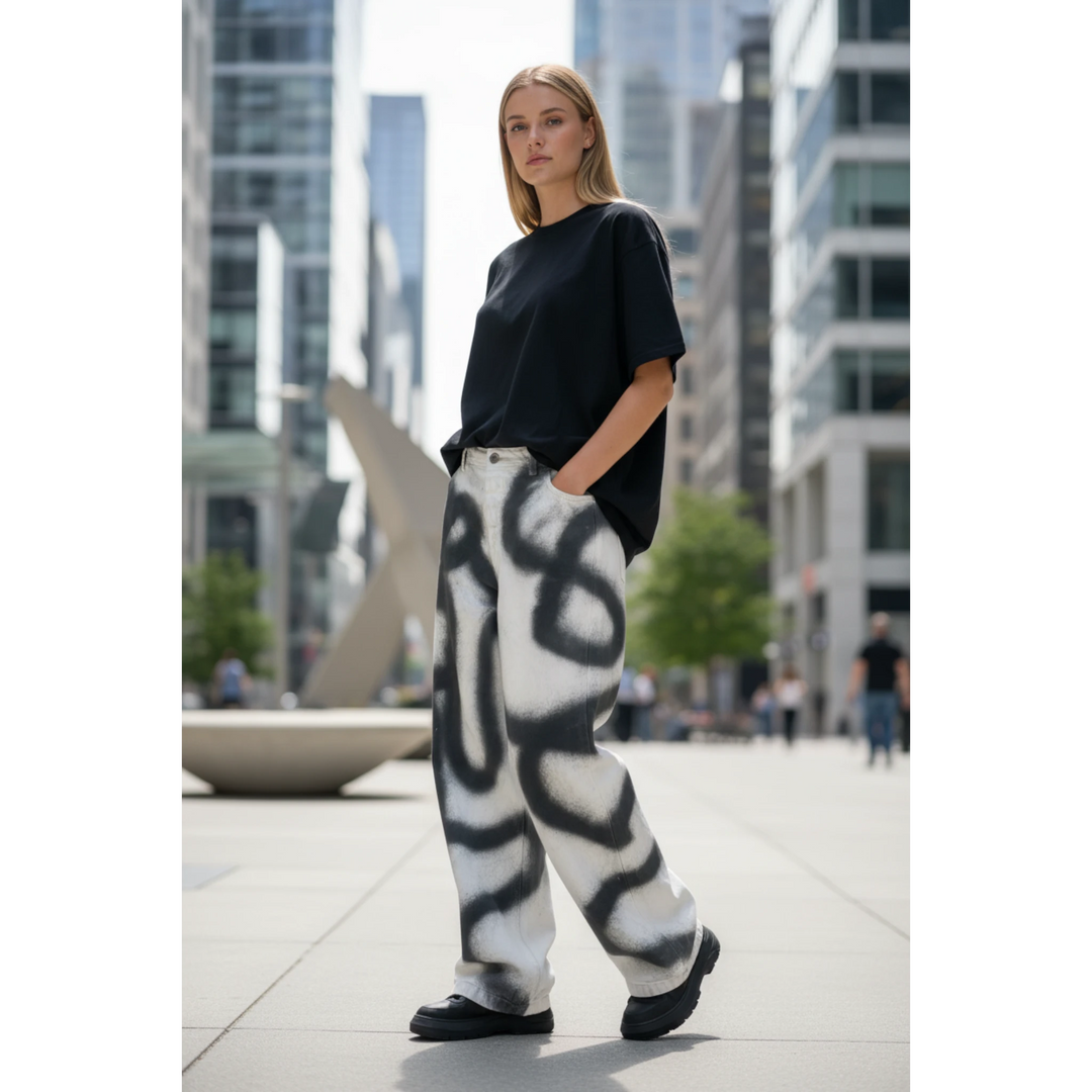 MIO hand-painted graffiti stretch denim pants in white with black spray paint design, button fly, belt loops, and loose relaxed leg.