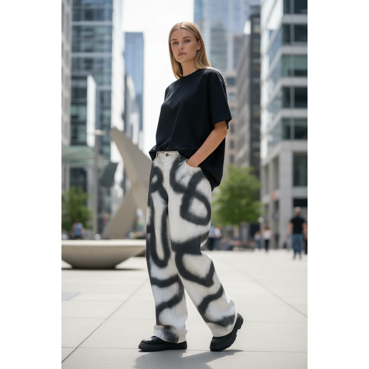 MIO hand-painted graffiti stretch denim pants in white with black spray paint design, button fly, belt loops, and loose relaxed leg.