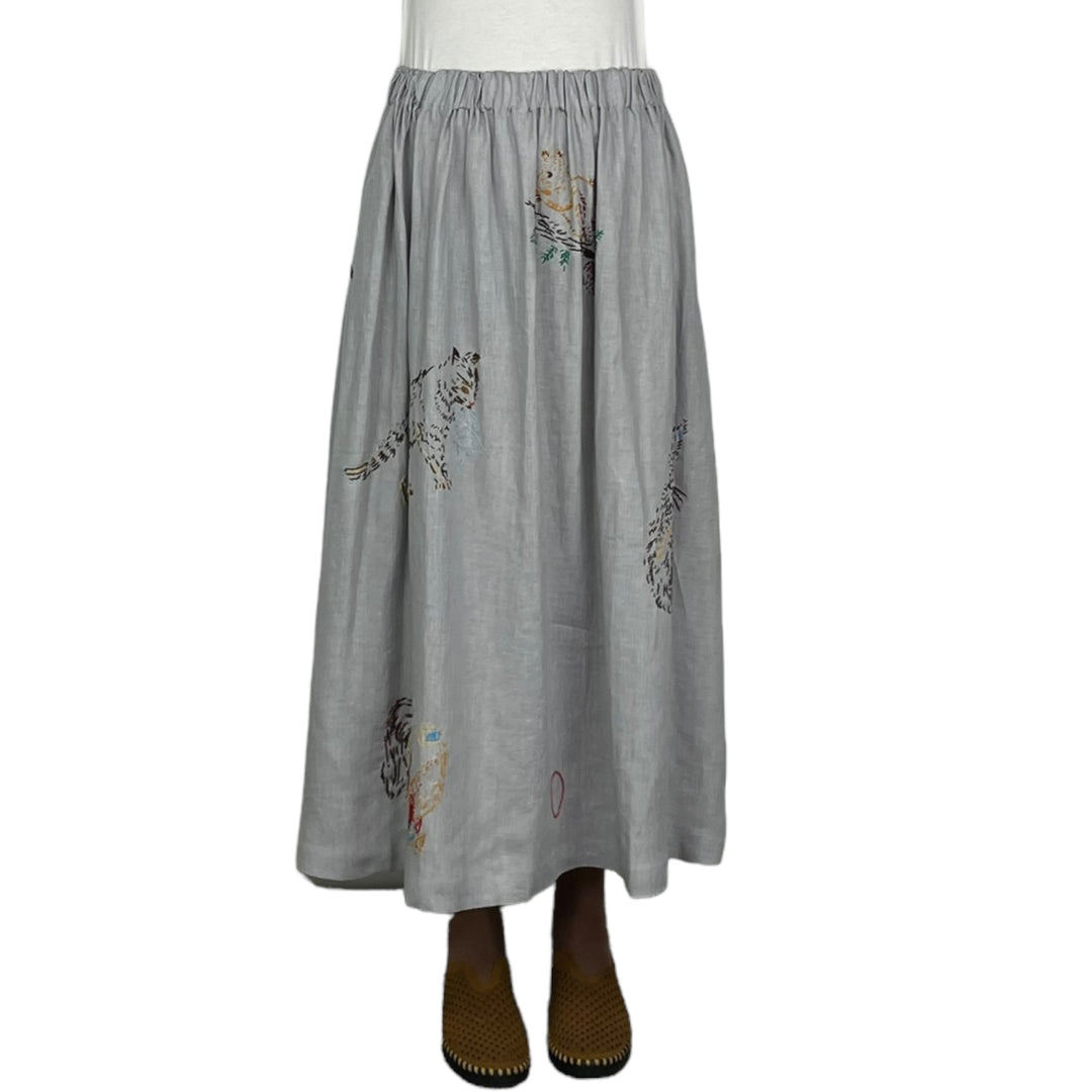 EMBROIDERED LINEN WIDE SKIRT