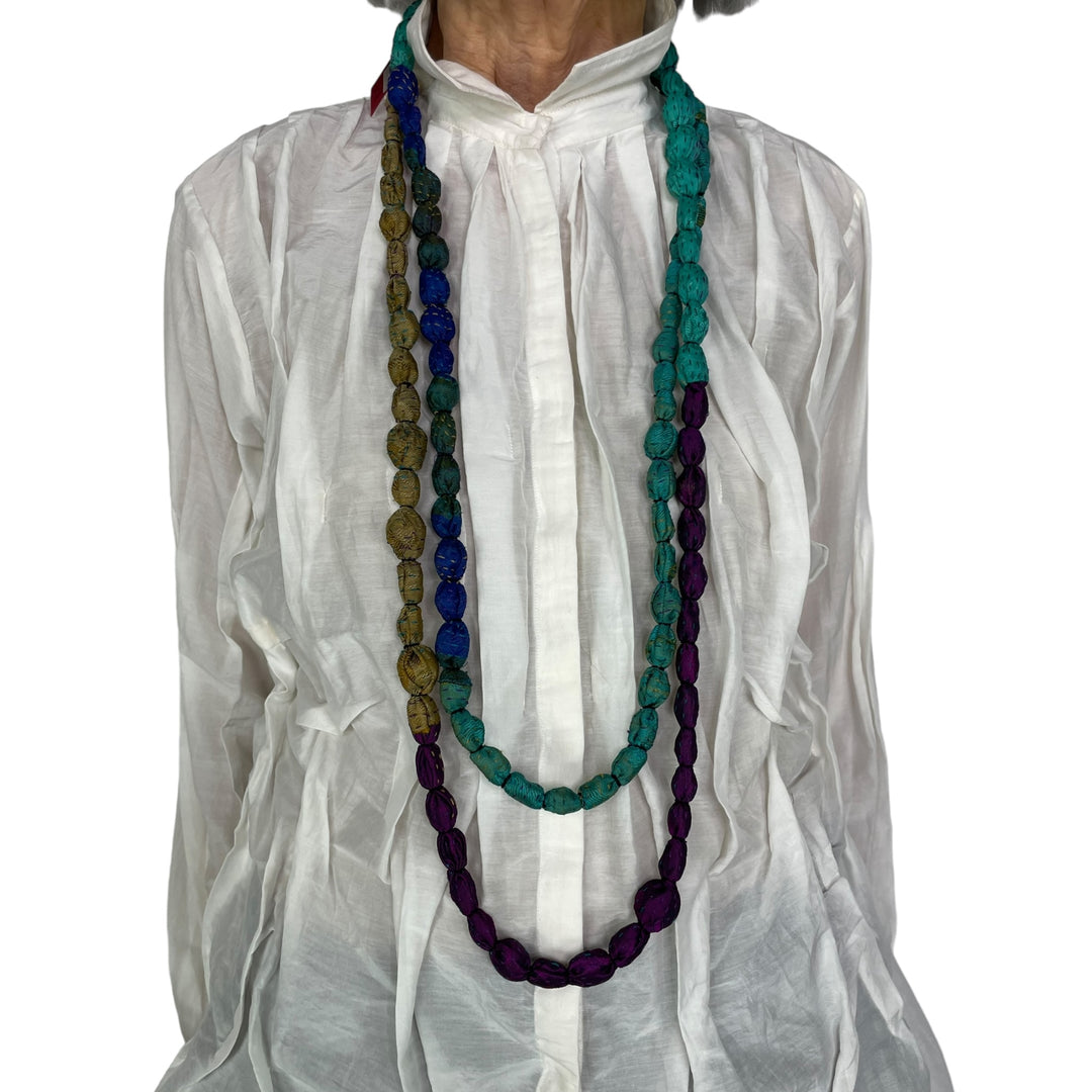 VINTAGE SILK TIE-BEADS LONG NECKLACE