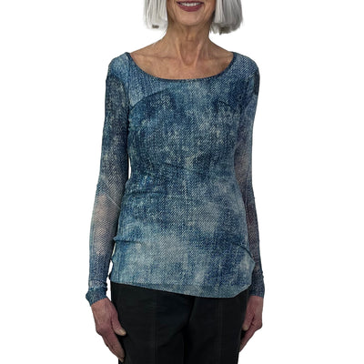 WASHEDOUT DENIM PRINT MESH TOP